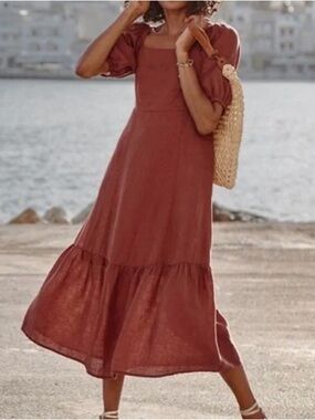 Garnet Hill L Rust Orange Linen Smocked Puff-Sleeve Midi Dress Cottagecore Boho